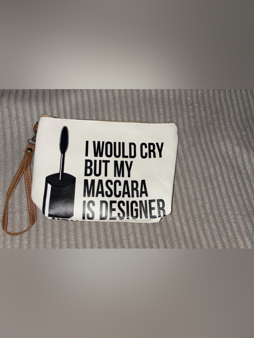 White Cosmetic Pouch with Black Mascara Print